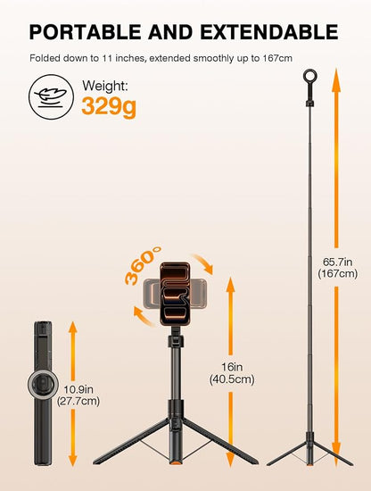 for Mag Safe Tripod for iPhone, 360° Rotating Head for Front & Rear Shooting, 65” Selfie Stick for iPhone Android with Remote & Metal Ring, Magnetic Phone Tripod Stand for Video Recording Travel