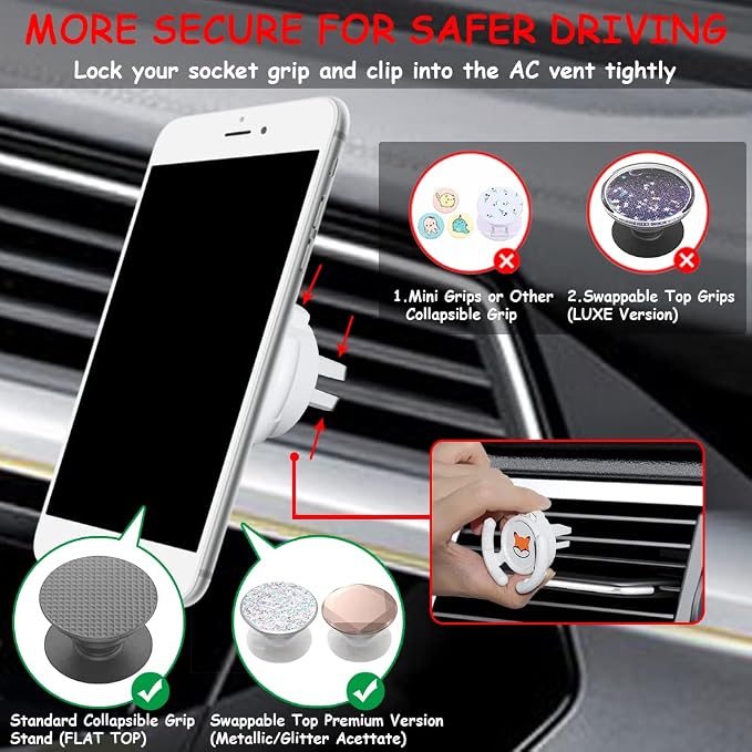 Car Vent Mount Holder 2 Pack - Compatible with Popsocket - Car Mount made for Pop Socket Grips Collapsible Phone Holder for Pop Mount with Secure AC Vent Clip, Horizontal Air Vent ONLY (White)