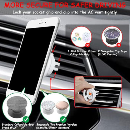 Car Vent Mount Holder 2 Pack - Compatible with Popsocket - Car Mount made for Pop Socket Grips Collapsible Phone Holder for Pop Mount with Secure AC Vent Clip, Horizontal Air Vent ONLY (White)