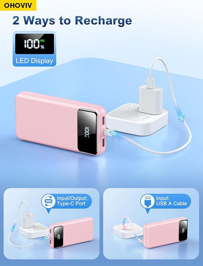 Portable Charger Power Bank 50000mAh Battery Pack, 22.5W Fast Charging PowerBank with Built in Cables,Travel Essential USB-C Portable Phone Charger for iPhone Samsung Pixel Android iPad-Pink