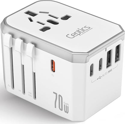 Ceptics 6 in 1 Universal Travel Adapter with PD 70W USB-C and 2X USB-A and 2X USB-C 3A, Universal Charger with QC 3.0 for US/EU/UK/AU, Universal Power Adapter with Type I C G A Outlets | 6 in 1 International Power Adapter for USA, EU, UK, AU & more, Ty...