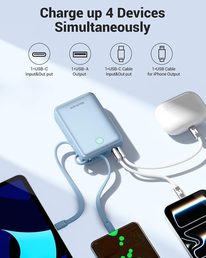 Hichain Portable Charger 35W 20000mAh Power Bank with LED Display Blue | Fast Charging Portable charger Power Bank for iPhone 17/16/15/14/13, iPad, Android,Battery Pack Built Dual Cables & 4 Outputs