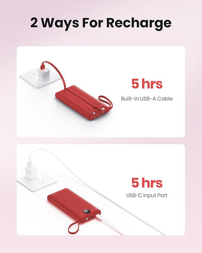 Portable Charger Power Bank, External Battery Pack with Cords Wires, Light 10000mAh Travel Essentials Battery Bank 5 Outputs 2 Inputs LED Display Compatible with iPhone/Android &More(Magenta)