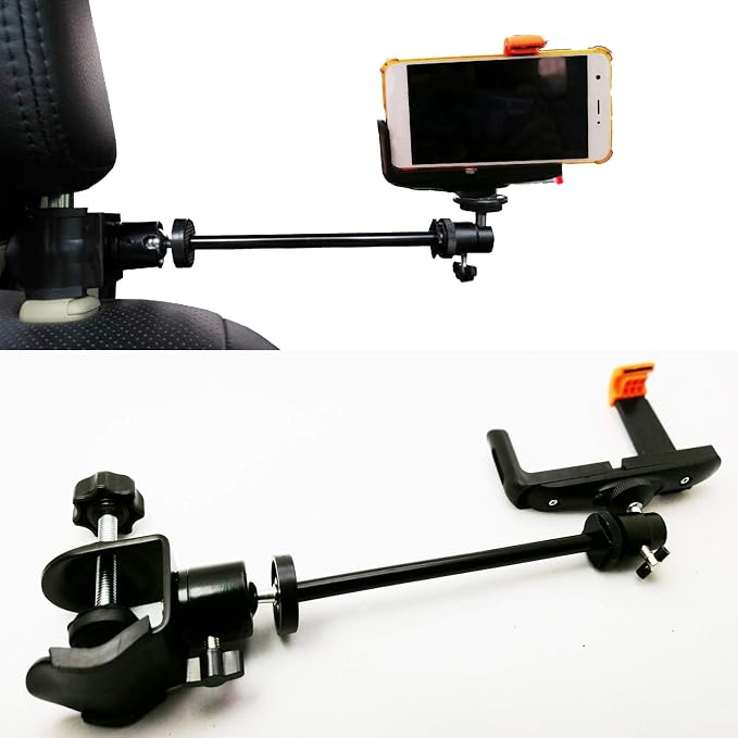 3in1 Universal Heavy Duty Car Headrest Mount Holder for Camcorder/Action Camera/Smartphone with Dual Adjustable Positions and 360° Rotation, Black