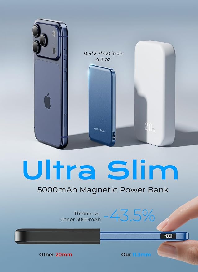 Magnetic Portable Charger, 5000mAh Ultra Slim Power Bank, 15W Fast Charging for Magsafe Battery Pack, Travel Essential Wireless Charger Compatible with iPhone 17/16/15 Series - Dark Blue