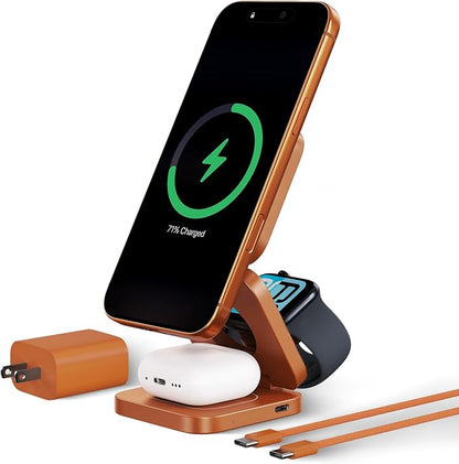 KU XIU Qi2.2 25W 3-in-1 Charging Station for Apple Device, Foldable Magnetic Charger for iPhone 17/16, 5W for Apple Watch & AirPods, Fast Travel Wireless Charging Stand with 45W Adapter
