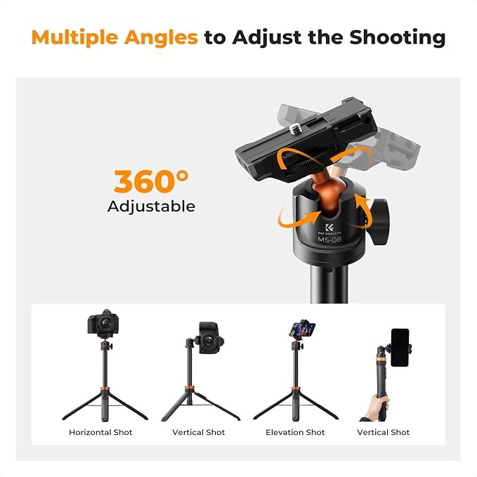 K&F CONCEPT 62'' Phone Selfie Stick Tripod, 2-in-1 Extendable Cell Phone Tripod Stand with Remote, 360° Ball Head Camera Tripod Compatible with DJI Osmo Pocket3 Action 6/5Pro GoPro 13/12 iPhone.