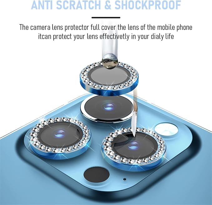 Suoman 3-Pack for iPhone 12 Pro Max Camera Lens Protector, 9H Tempered Glass, [Does not Affect Night Shots] Metal Frosted Independent Protective Cover - Diamonds-Blue