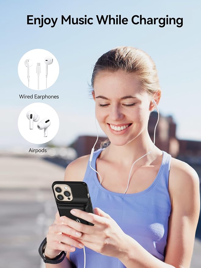 NEWDERY 10000mAh Battery Case for iPhone 14/14 Pro/13/13 Pro 6.1", Qi Wireless Charging & Wired Headset & Sync-Data Supported, Portable Protective Charger Cover
