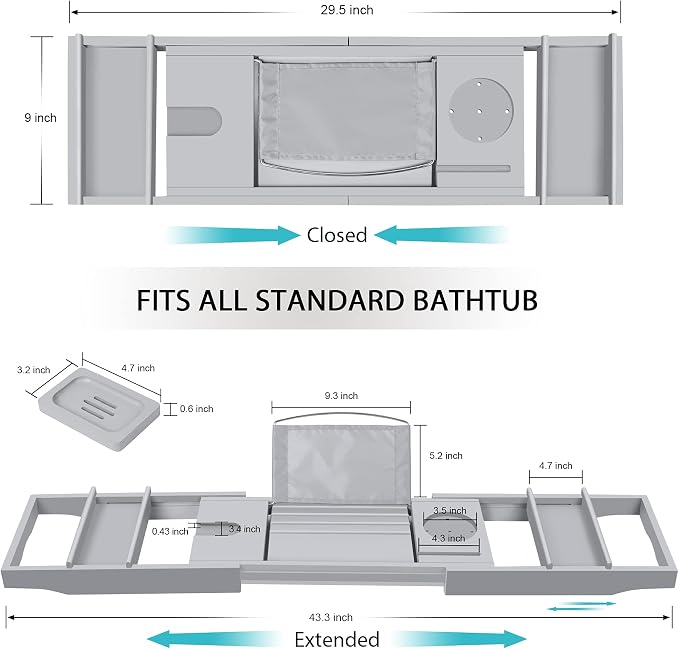 Bamboo Bathtub Caddy Tray (Non-Foldable, Gray)