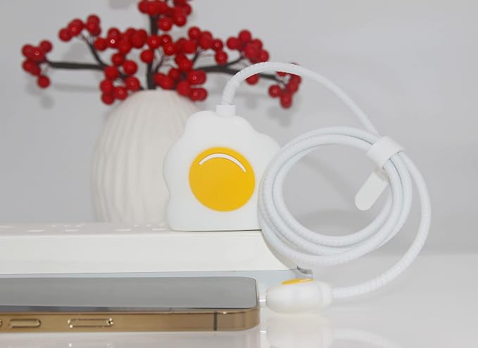 3D Cute Cartoon Charger Protector Case - Compatible for Apple 20W USB-C Power Adapter and Lightning Cable (White Yolk)
