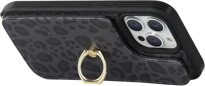 Lipvina for iPhone 13 Pro Case with Card Holder and Strap for Women,Crossbody Lanyard,RFID Blocking,Kickstand Ring Stand,Snap Clasp,Cute Phone Wallet Cases 6.1 inch(Black Leopard)