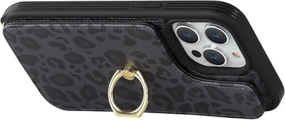 Lipvina for iPhone 13 Pro Case with Card Holder and Strap for Women,Crossbody Lanyard,RFID Blocking,Kickstand Ring Stand,Snap Clasp,Cute Phone Wallet Cases 6.1 inch(Black Leopard)