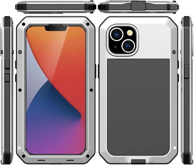 Marrkey for iPhone 14 Case, 360 Full Body Protective Cover Heavy Duty Shockproof Tough Armour Aluminum Metal Case with Silicone Built-in Screen Protector for Apple iPhone 14 6.1 Inch - Silver