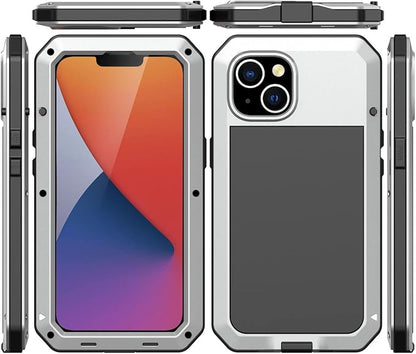 Marrkey for iPhone 14 Case, 360 Full Body Protective Cover Heavy Duty Shockproof Tough Armour Aluminum Metal Case with Silicone Built-in Screen Protector for Apple iPhone 14 6.1 Inch - Silver