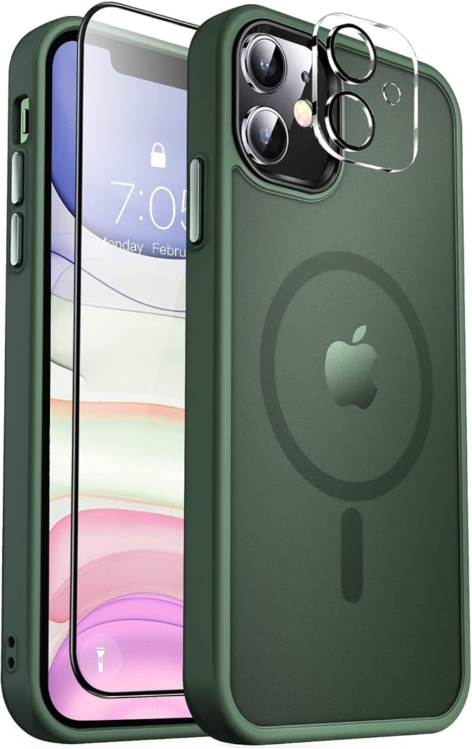MOCCA Strong Magnetic for iPhone 11 Phone Case,[Compatible with Magsafe][Glass Screen Protector+Camera Lens Protector] Slim Thin Shockproof Cover Case for iPhone 11 6.1 inch, Midnight Green