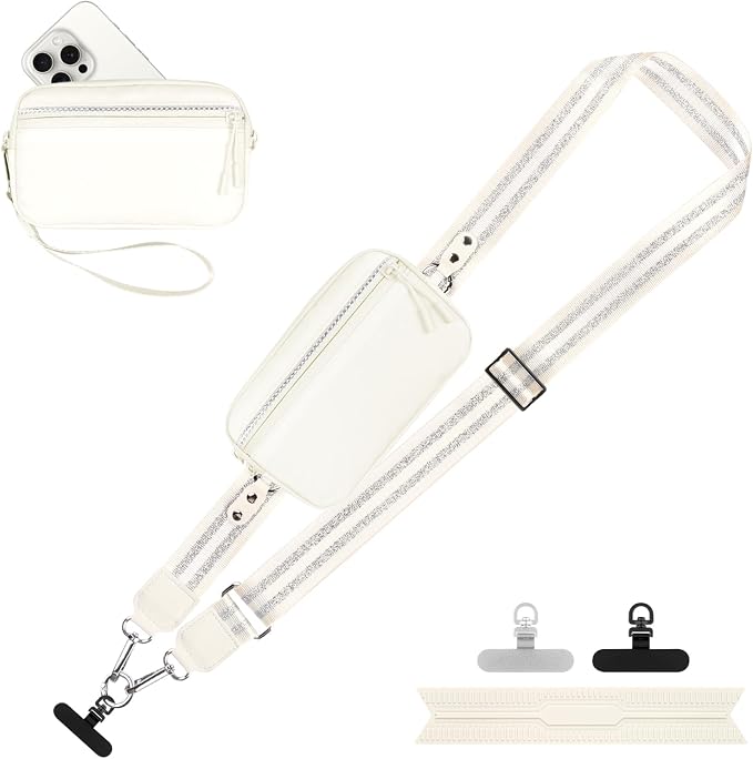 YFWE Clip and Go Strap for Phone with Wallet Crossbody, Adjustable Phone Lanyard with Detachable RFID Wristlet Wallet, Pattern Strap - Cream&Silver (L)