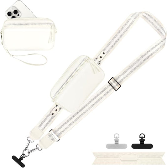 YFWE Clip and Go Strap for Phone with Wallet Crossbody, Adjustable Phone Lanyard with Detachable RFID Wristlet Wallet, Pattern Strap - Cream&Silver (L)
