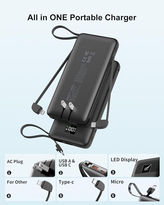 Portable Charger 10000mAh 22.5W PD 3.0+QC 4.0 Super Fast Charging Power Bank with Built-in Cables & AC Wall Plug, Slim External USB C Battery Pack for iPhone 17/16/15/14/13, Android, Samsung, iPad,etc