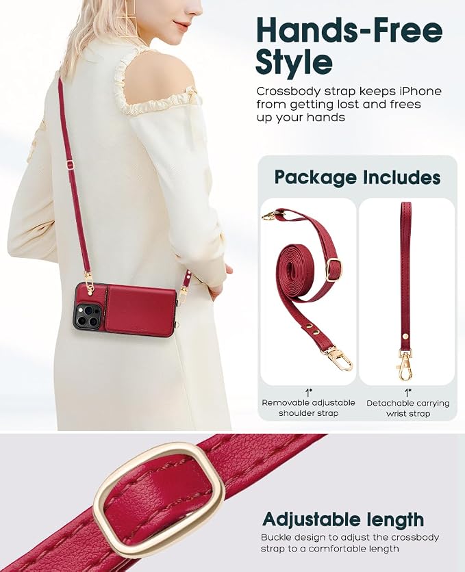 OCASE Compatible with iPhone 16 Pro Max Crossbody Wallet Case with Card Holder, PU Leather Zipper Handbag Phone Purse with RFID Blocking Kickstand Wrist Strap Lanyard 6.9 Inch, Dark Red