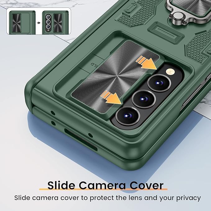 VEGO Case for Galaxy Z Fold 4 with Built-in Front Screen Protector | Samsung Z Fold 4 Case with Slide Camera Cover 360°Ring Kickstand Hinge Protection Cover for Samsung Galaxy Z Fold 4 5G- Pine