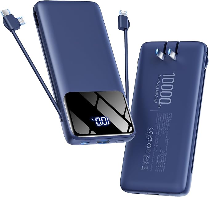 Portable Charger 10000mAh Power Bank with Built-in Cables and Wall Plug, Slim Fast Charging USB-C Battery Pack, Travel Essential Portable Phone Charger Compatible with iPhone, Samsung(Navy)