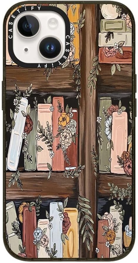 CASETiFY Impact iPhone 14 Case [4X Military Grade Drop Tested / 8.2ft Drop Protection/Compatible with Magsafe] - Bookshelf Garden by KT's Canvases - Clear Black