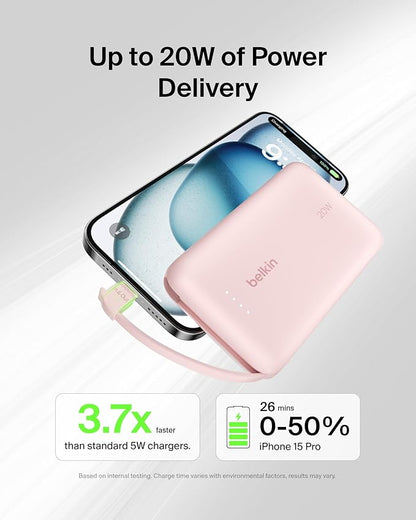 Belkin Portable Charger Power Bank USB C, 10000 mAh w/Integrated Cable, 20W Fast Charge USB-C Power Delivery, iPhone Charger, Apple iPhone 17, Air, Pro, Pro Max, iPad, Samsung Galaxy S25 - Pink