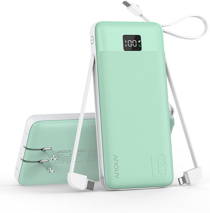 Portable Charger 10000mAh 22.5W PD 3.0+QC 4.0 Super Fast Charging Power Bank with Built-in Cables & AC Wall Plug, Slim External USB C Battery Pack for iPhone 17/16/15/14/13, Android, Samsung, iPad,etc