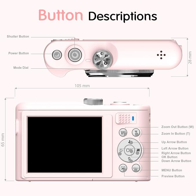 Digital Camera, 4K Vlogging Camera with 64MP, Point and Shoot Digital Cameras with 18X Zoom, Anti-Shake, Mode Dial, 32GB SD Card, Card Reader, Charger, Compact Small Cameras, Pink