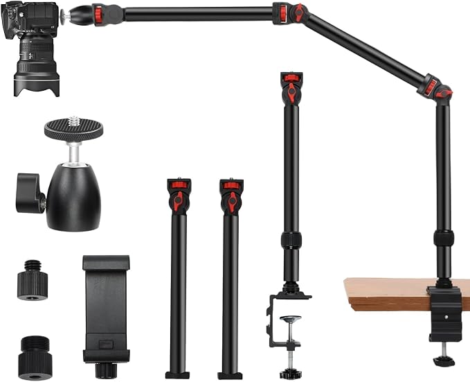 Taisioner Overhead Camera Mount Desk Stand 3-Section Articulated Arm with Heavy Duty C-Clamp 360° Ball Head 5LB Load Capacity Compatible with DSLR,Webcam,Lights,Microphone Live,YouTube,Online Courses