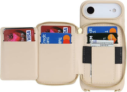 Crossbody Wallet Case for iPhone Air, PU Leather Zipper Handbag Purse Flip Cover, Kickstand Folio Case with Card Slots Holder Wrist Strap Lanyard 5G 6.5 Inch-White