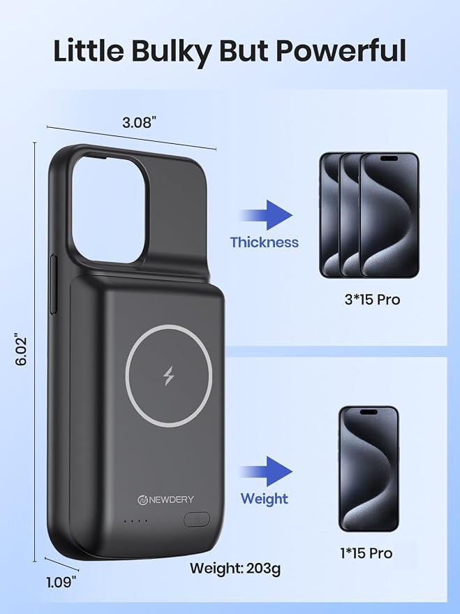 NEWDERY Battery Case for iPhone 15 Pro/iPhone 15 10000mAh, USB C Qi Wireless Charging Case, Portable Rechargeable Extended Charger Case Battery Pack - 2023 Release Black