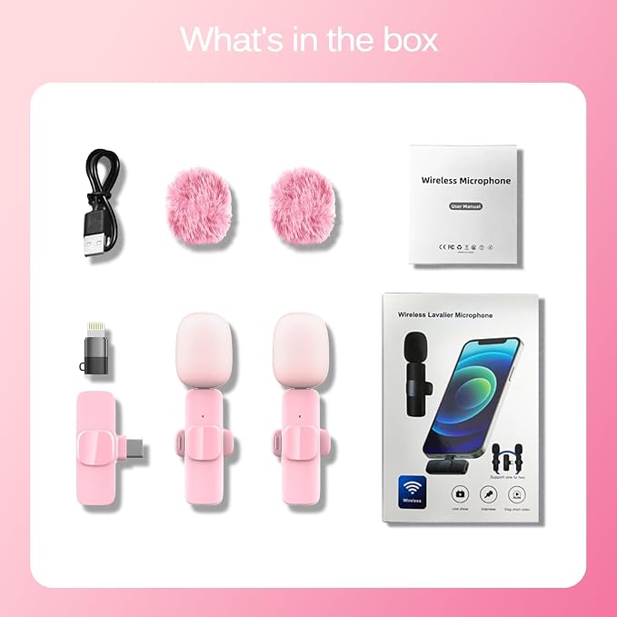 Pink Wireless Lavalier Microphone for iPhone & Android - Mini Clip-On Mic with Noise Cancellation, 65ft Range, 8H Battery, USB-C/Lightning - for TikTok, YouTube, Podcast, Live Streaming