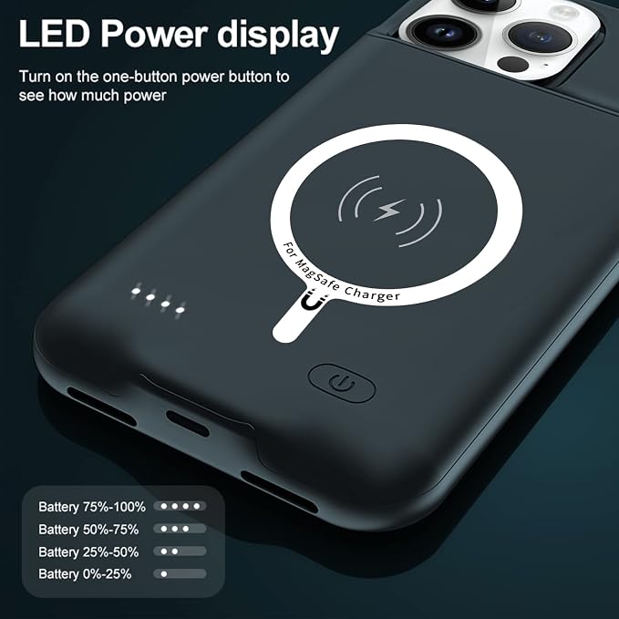 Battery Case for iPhone 12 Pro Max, 10800mAh High-Capacity Protective Rechargeable Extended Charger Cover Compatible with iPhone 12 Pro Max (6.7 inch) Wireless Charging Case Support Carplay - Black