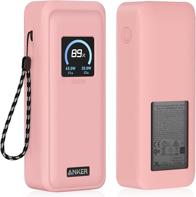 Compatible with Anker Prime Power Bank 26,250Mah 300W Case Cover, Soft Silicone Shockproof Protective Case for Anker 300W Prime Power Bank with Anti-Lost Strap, LCD Display Visible (Pink)