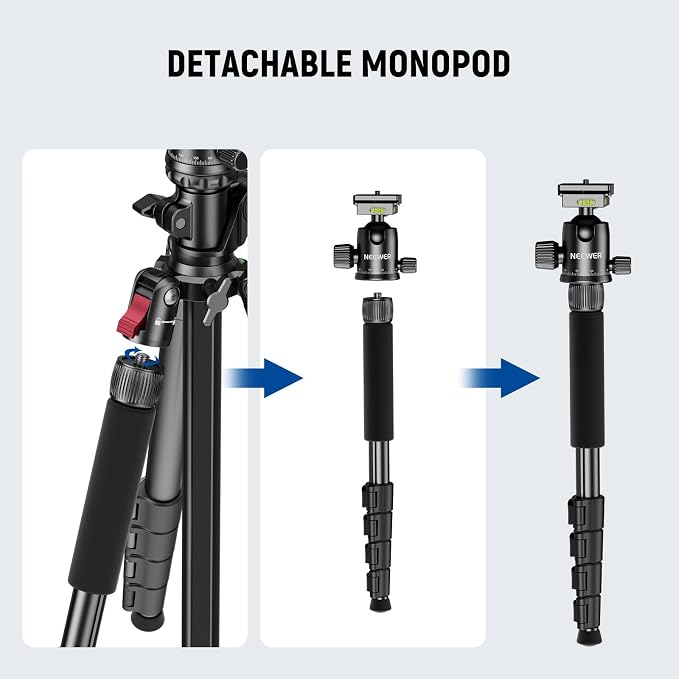 NEEWER Basics 64.5" Horizontal Overhead Tripod Monopod for Dual Camera Aluminum Travel DSLR Camcorder Stand with Cell Phone Holder Compatible with iPhone for Video Recording, 22lb/10kg Load, TP66
