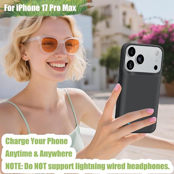 Battery Case for iPhone 17 Pro Max, 6000mAh Rechargeable Extended Battery Charging/Charger Case, Add 100% Extra Juice (6.9 Inches) Black