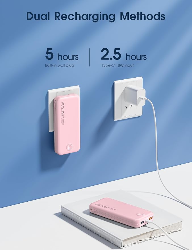 Nusyddy Portable Charger 10000mAh PD20W w/Built-in Cables & Wall Plug Pink | PD20W Fast Charging, Battery Indicator, Pass Through Charging, TSA Approved, Compact/Slim, Power Bank for iPhone/iPad/Samsung