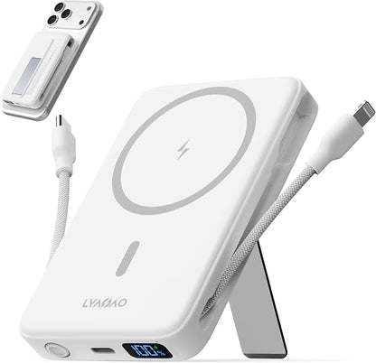 No More Forget Cables! 10000mAh Ultra Slim Magnetic Power Bank, Built-in USB-C & iPhone Cable, 20W Portable Charger with Foldable Stand, for iPhone 17/16/15/14/13/12 Series