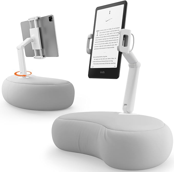 SAIJI Kindle Pillow Stand, iPad Stand Compatible with 4.7”-15.6” Kindle, Phone, iPad, 360° Adjustable Lap Beanbag Tablet Holder for Bed with Flexible Dual Axis Arm and Microbead Cushion (Gray)