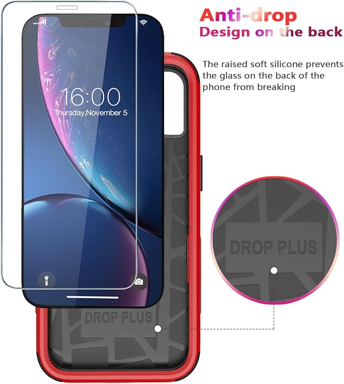 Diverbox Designed for iPhone Xr case with Screen Protector Heavy Duty Shockproof Shock-Resistant Cases for Apple iPhone Xr Phone (Red+Screen Protector)