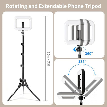 yAyusi Selfie Ring Light Tripod for iPhone, 73" Extendable Selfie Stick Phone Tripod with Light for Cell Phone, Dimmable Tripods Ring Light with Phone Holder and Stand for Video Recording/Live Stream
