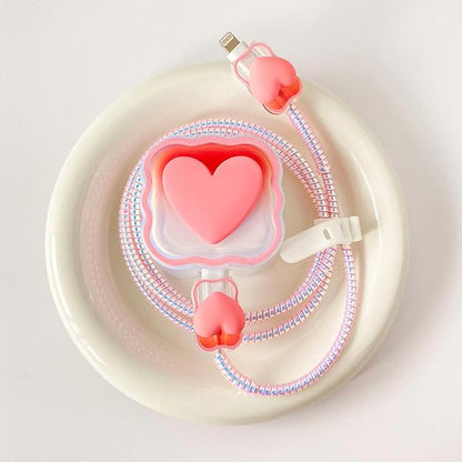 Charger Protection Set, Compatible with Apple 40W Dynamic Power Adapter (with 60W Max), DIY 3D Heart Wave Gradient Flexible TPU Charger Case + Laser Spiral Data Cable Protector, Pink (5in1)