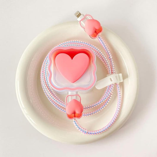 Charger Protection Set, Compatible with Apple 40W Dynamic Power Adapter (with 60W Max), DIY 3D Heart Wave Gradient Flexible TPU Charger Case + Laser Spiral Data Cable Protector, Pink (5in1)