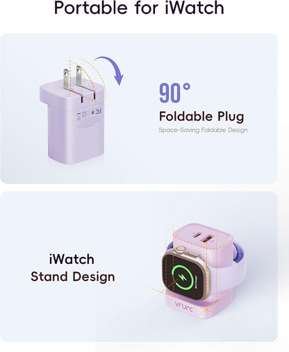 VRURC Charger for iPhone & Apple Watch, 20W USB C Fast Charging Block, 3-in-1 Compact Travel Adapter with 2 Port for iPhone 17/16/15/14/13, Wireless Magnetic for iWatch SE/11/10/9/8/7/6/5/4-Purple