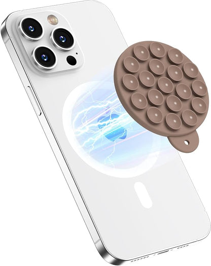 Magnetic Suction Cup Phone Mount with MagSafe, Silicone Hands-Free Grip Holder for iPhone Case and Android, Mirror Shower Phone Stand for Makeup FaceTime Gym Kitchen Bathroom, Light Brown