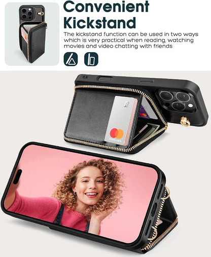 OCASE Compatible with iPhone 16 Pro Max Crossbody Wallet Case with Card Holder, PU Leather Zipper Handbag Phone Purse with RFID Blocking Kickstand Wrist Strap Lanyard 6.9 Inch, Black