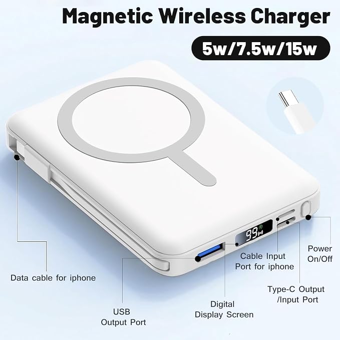 Azmuth for MagSafe Portable Charger, 10000mAh Magnetic Power Bank with 20W PD USB-C Fast Charging LED Display for MagSafe Battery Pack, Magnetic Travel Charger for iPhone 17/16/15/14/13/12 Series