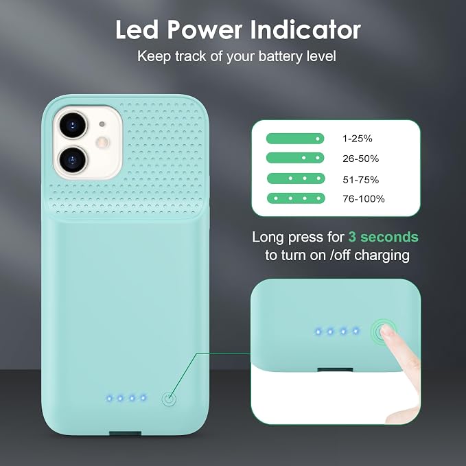 Battery Case for iPhone 12/12 Pro,[2025 Upgraded] 10800mAh Ultra-Slim Portable Extended Charger Case Cover for iPhone 12/12 Pro Charging Case (6.1 Inch)-Green